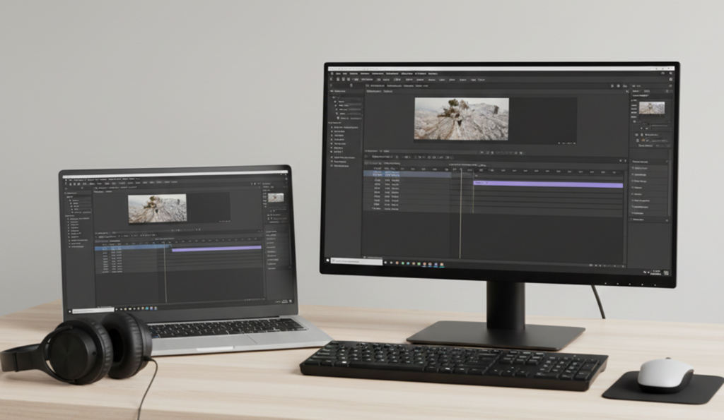 Dual screen video editing workstation
