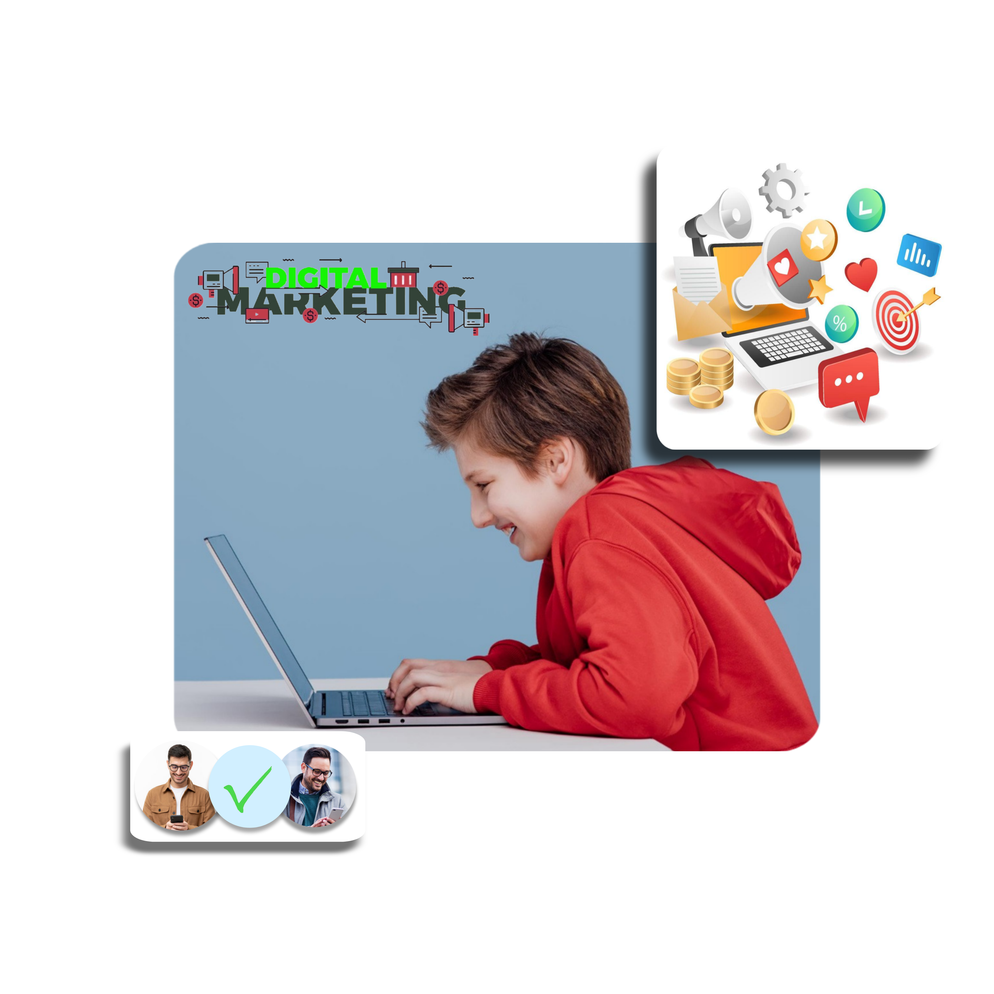 "A boy in a red hoodie smiling while using a laptop, with digital marketing icons like charts, targets, messages, coins, and social media symbols around him, representing online learning, creativity, communication, and modern digital marketing concepts in a colourful layout."