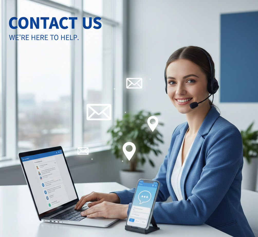 customer support executive with headset assisting online inquiries.